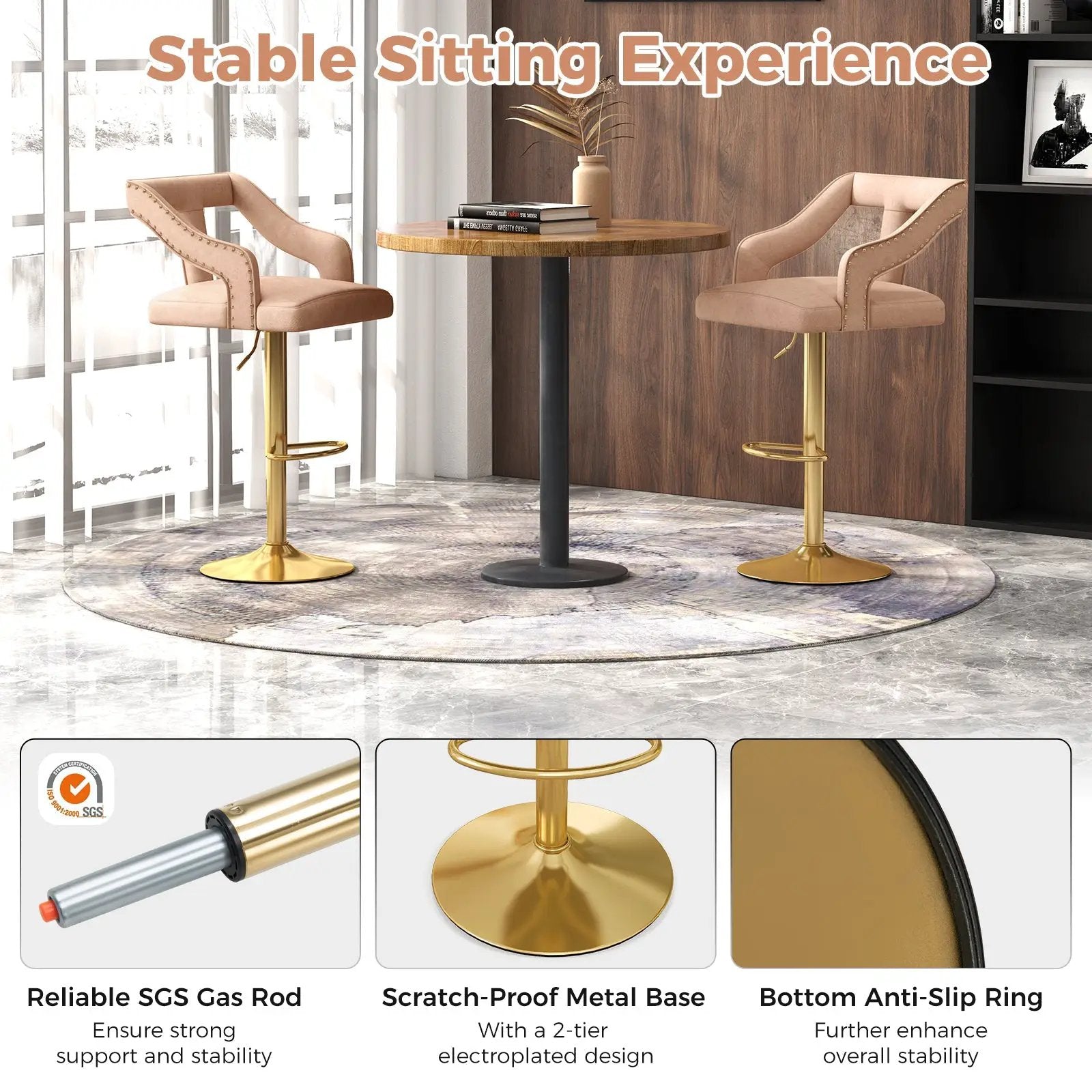 Set of 2 Bar Chairs with Footrest and 2-Layer Electroplated Metal Base by DirectDeals