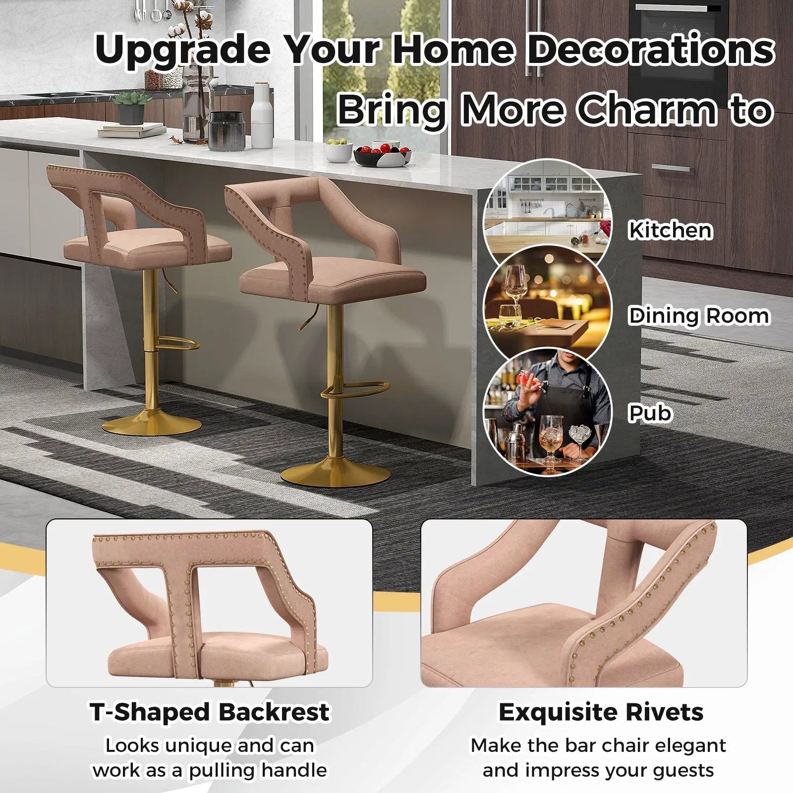 Set of 2 Bar Chairs with Footrest and 2-Layer Electroplated Metal Base by DirectDeals