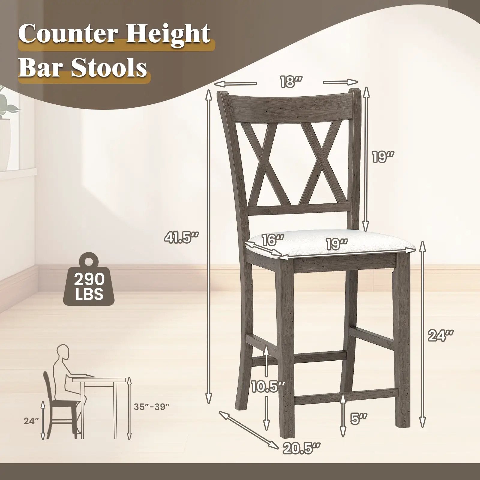 Set of 2 Bar Stools with Cross Back and Linen Fabric Upholstered Seat-Beige by DirectDeals
