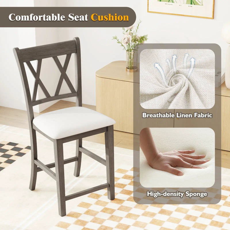 Set of 2 Bar Stools with Cross Back and Linen Fabric Upholstered Seat-Beige by DirectDeals