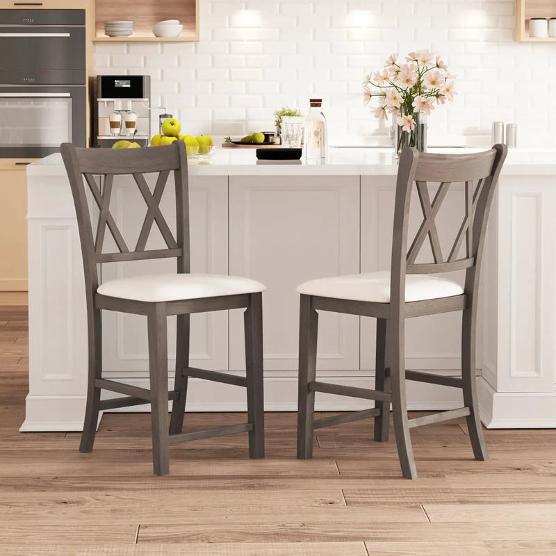 Set of 2 Bar Stools with Cross Back and Linen Fabric Upholstered Seat-Beige by DirectDeals