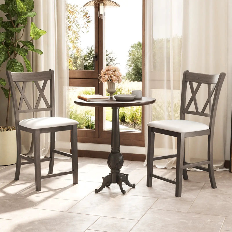 Set of 2 Bar Stools with Cross Back and Linen Fabric Upholstered Seat-Beige by DirectDeals