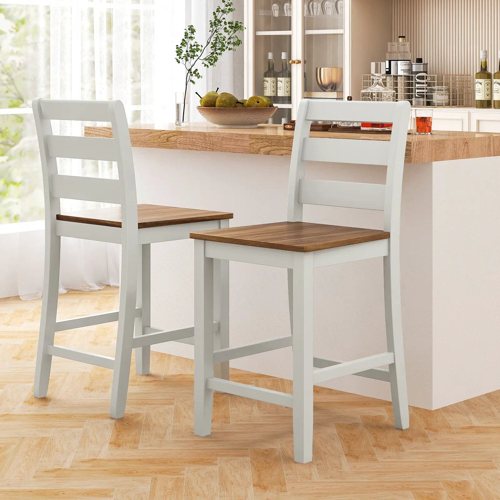 Set of 2 Counter Bar Stool with Inclined Backrest and Footrest-Gray by DirectDeals