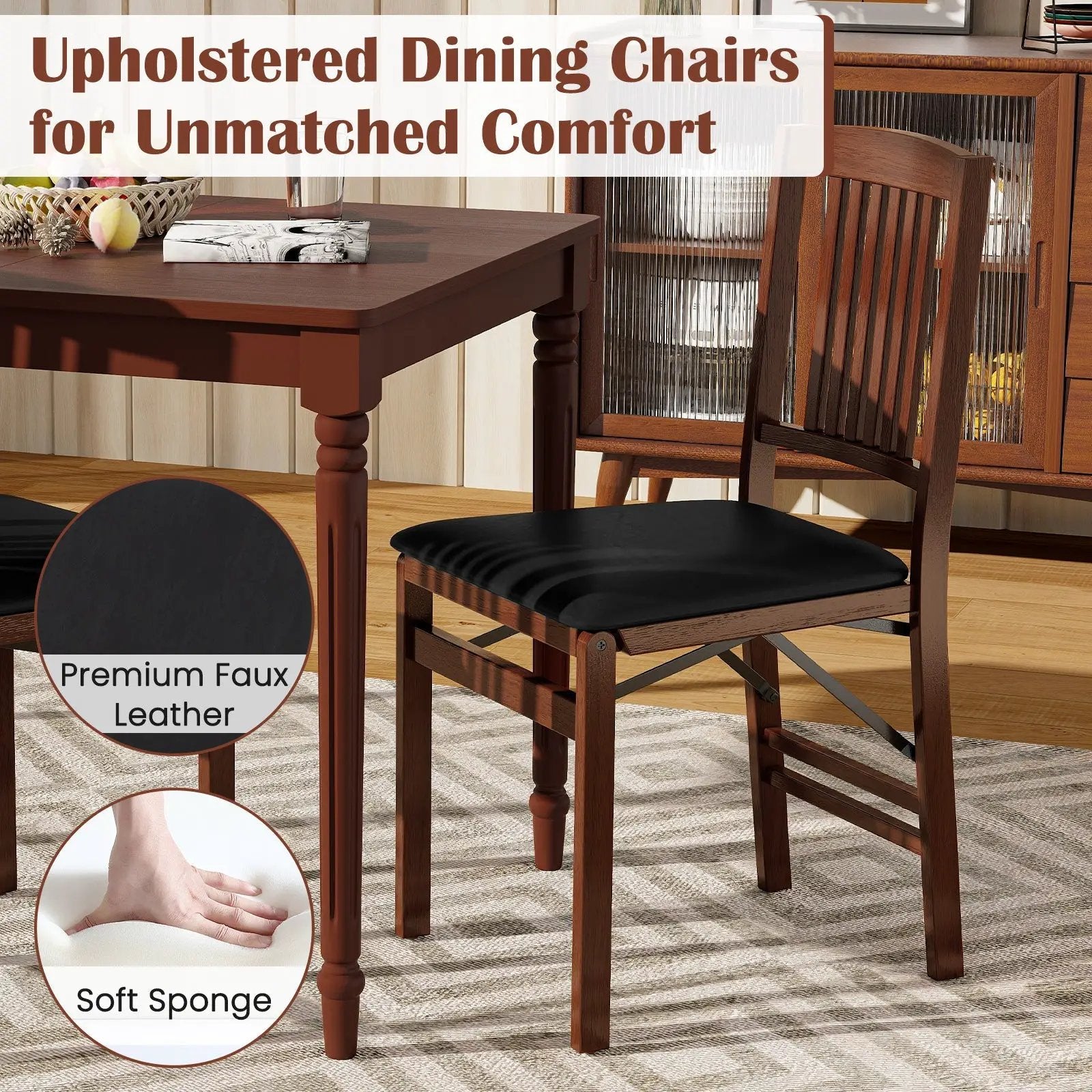 Set of 2 Foldable Upholstered Kitchen Chairs with Padded Seat-Brown by DirectDeals