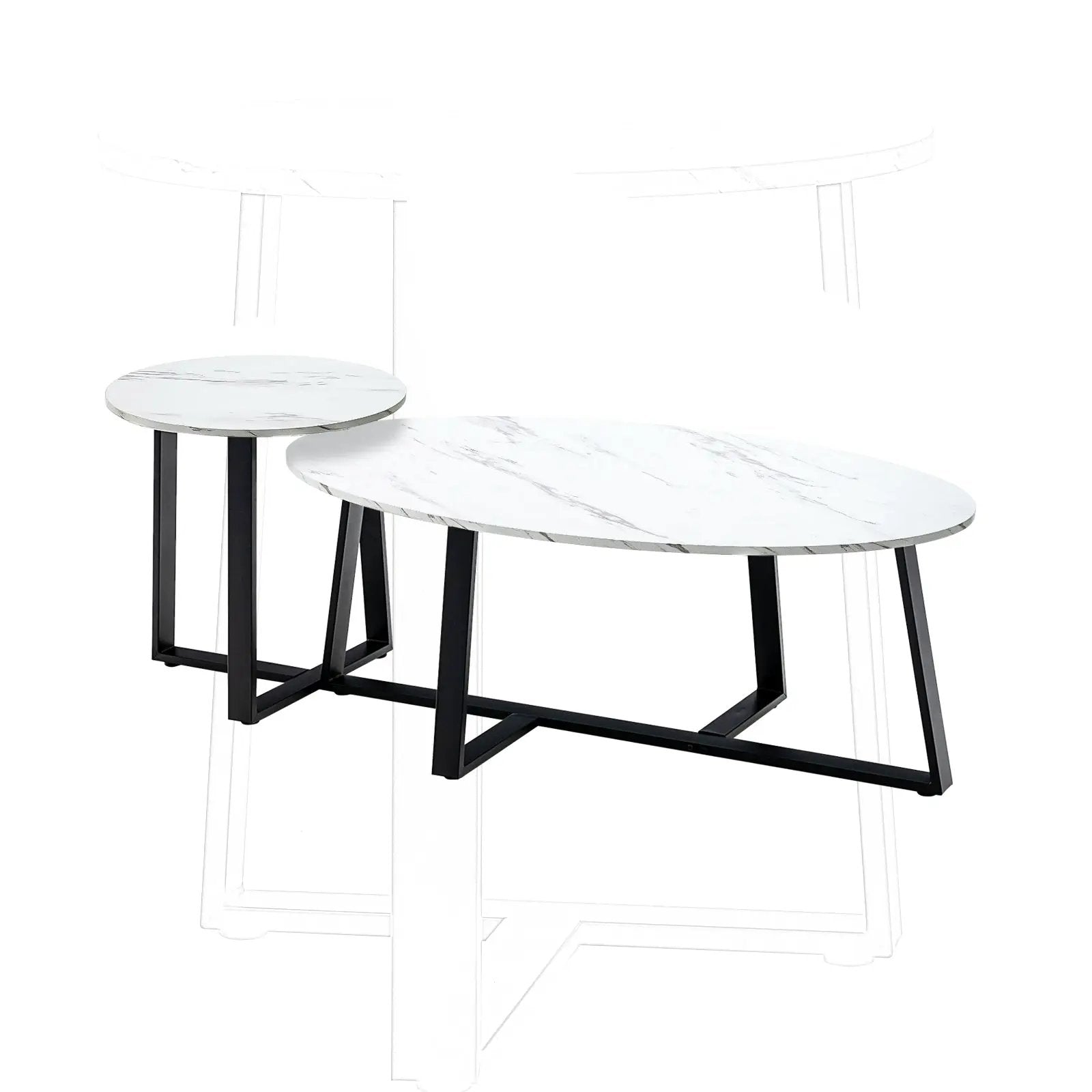 Set of 2 Modern Faux Marble Nesting Coffee Table Set with Oval and Round Table-White by DirectDeals