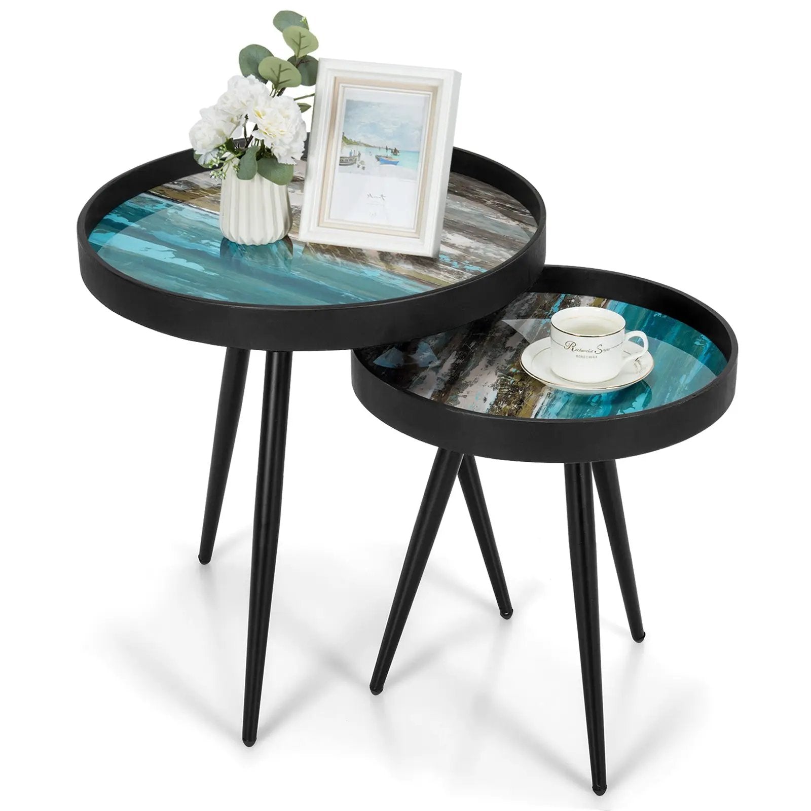 Set of 2 Stylish Nesting End Tables with Wooden Tray Top and Steel Legs-Black by DirectDeals