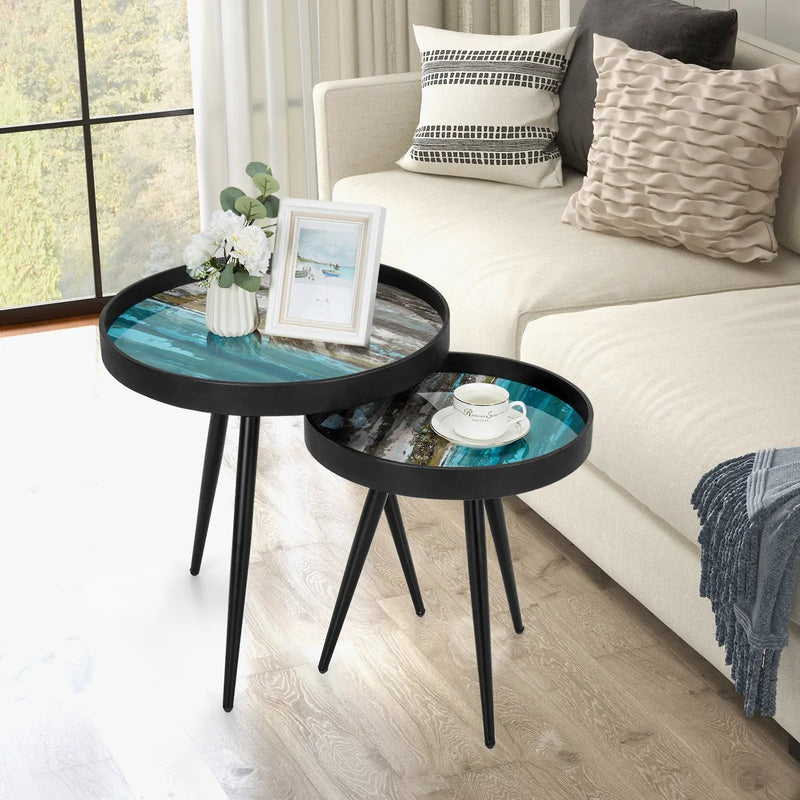 Set of 2 Stylish Nesting End Tables with Wooden Tray Top and Steel Legs-Black by DirectDeals