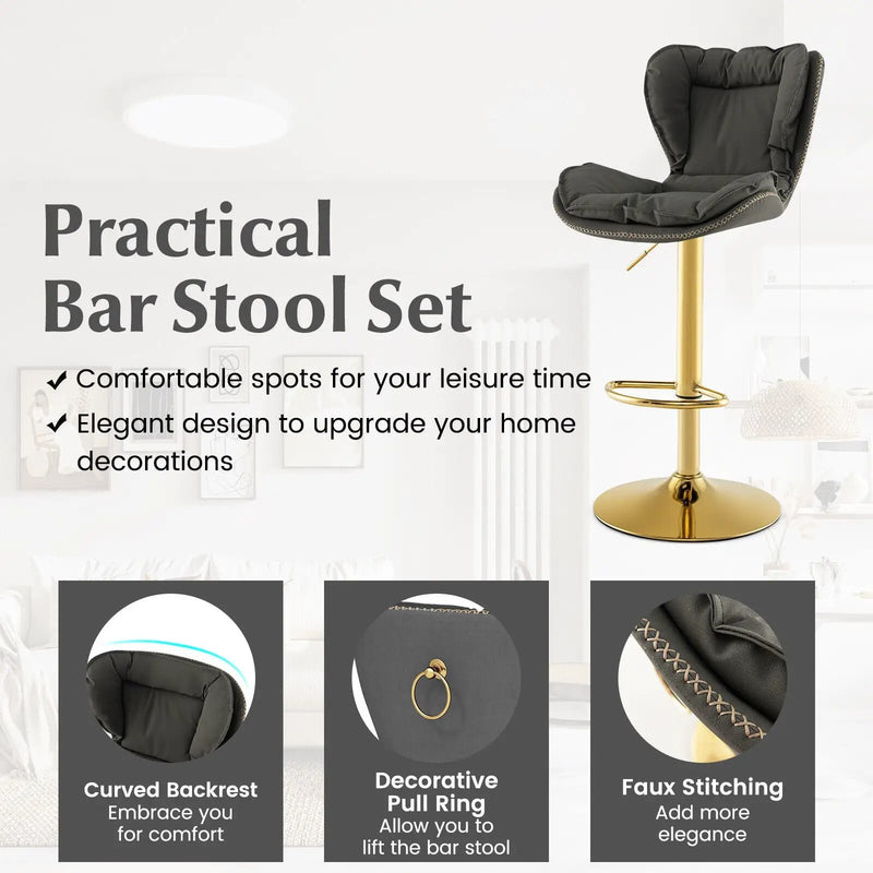 Set of 2 Swivel Bar Stools PU Leather Bar Chairs with Footrest and Curved Backrest-Gray by DirectDeals