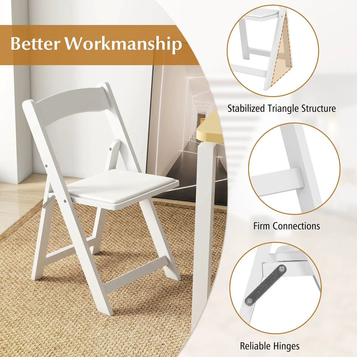 Set of 4 Dining Chairs Foldable Kitchen Chair with Rubber Wood Legs and Padded Seat, photo 8 of 9