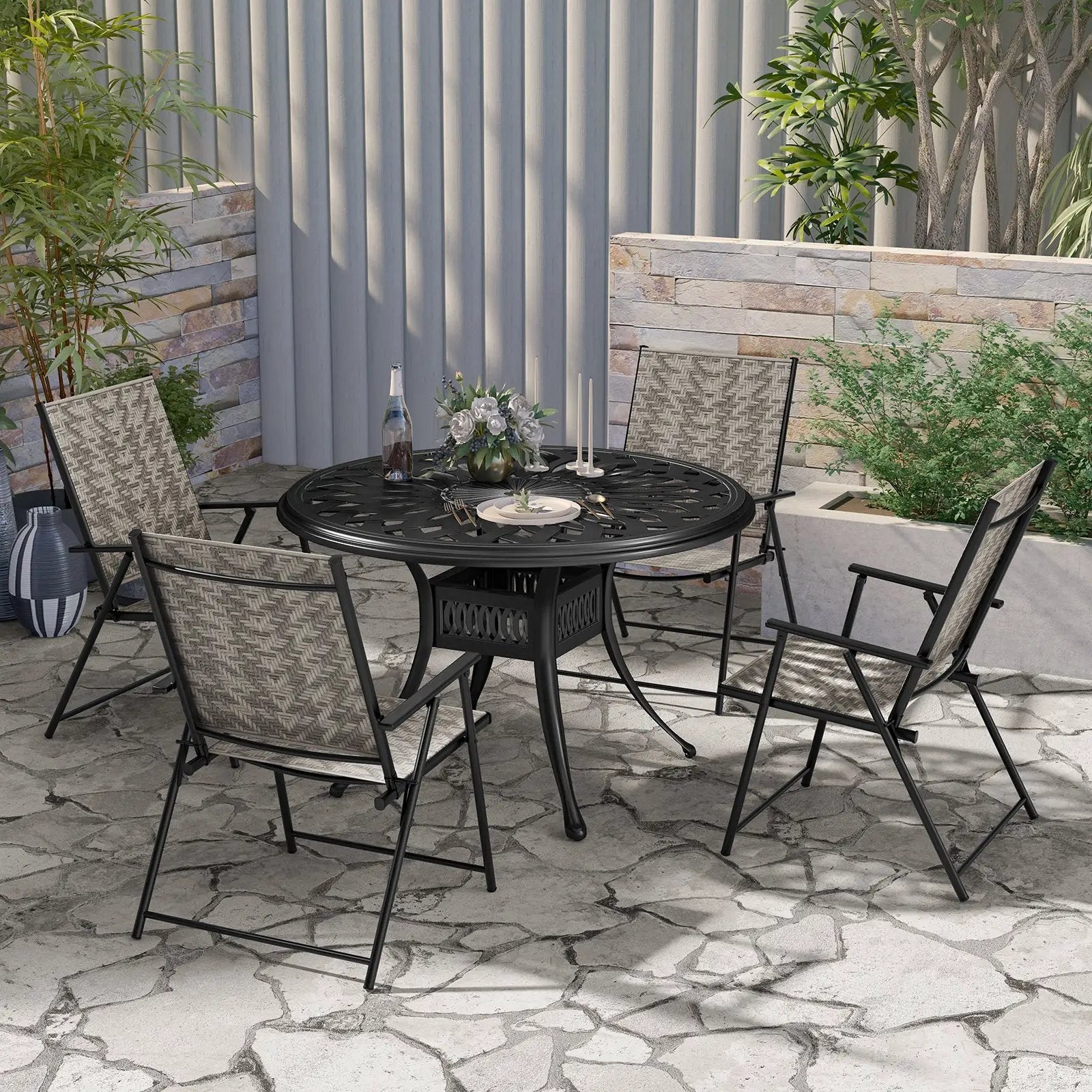 Set of 4 Patio Folding Chairs with Armrests and Portable Lawn Chairs for Garden Backyard-Gray by DirectDeals