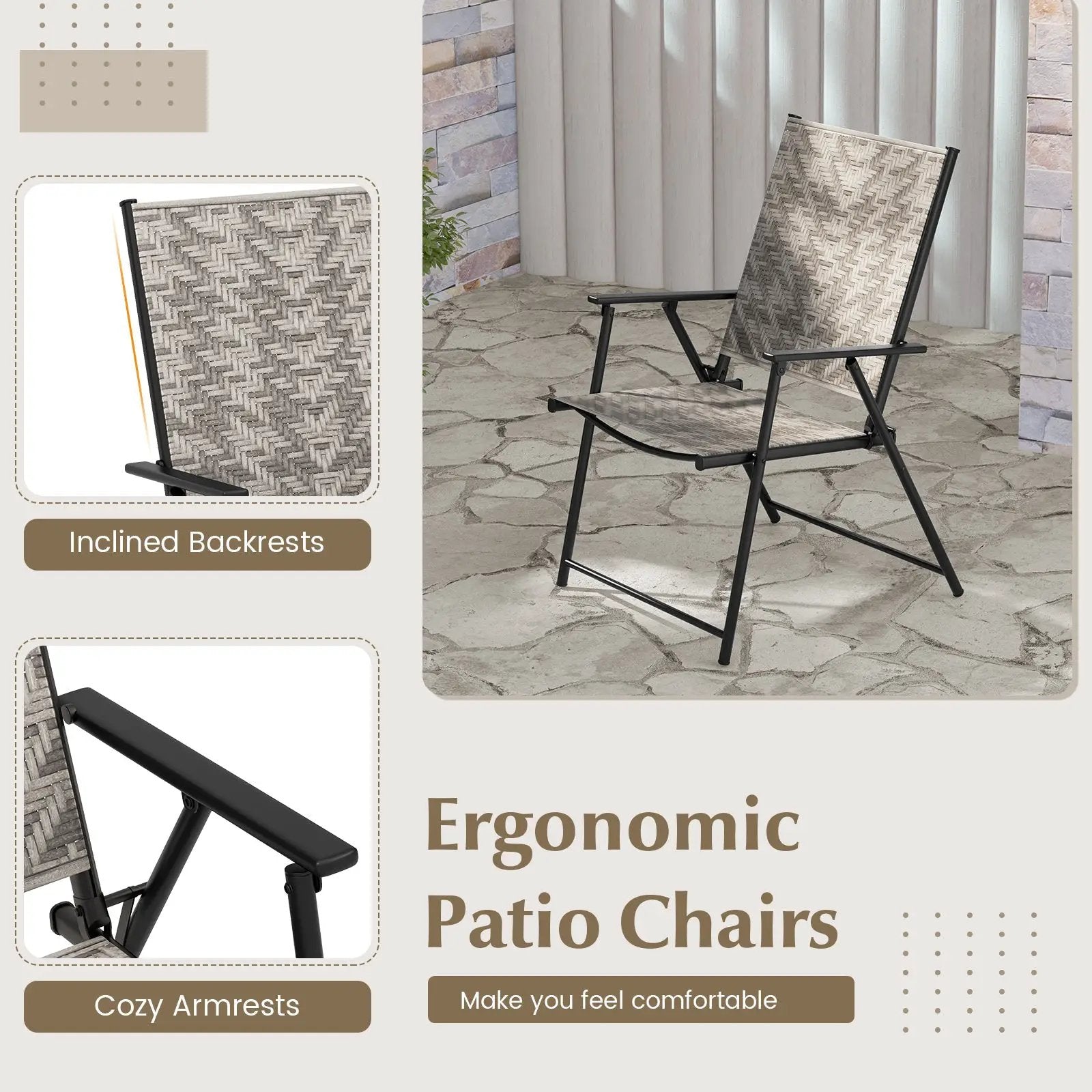 Set of 4 Patio Folding Chairs with Armrests and Portable Lawn Chairs for Garden Backyard-Gray by DirectDeals