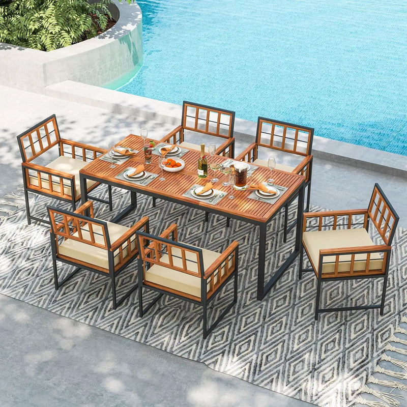 Set of 6 Patio Dining Chairs Acacia Wood Armchairs with Cushions by DirectDeals