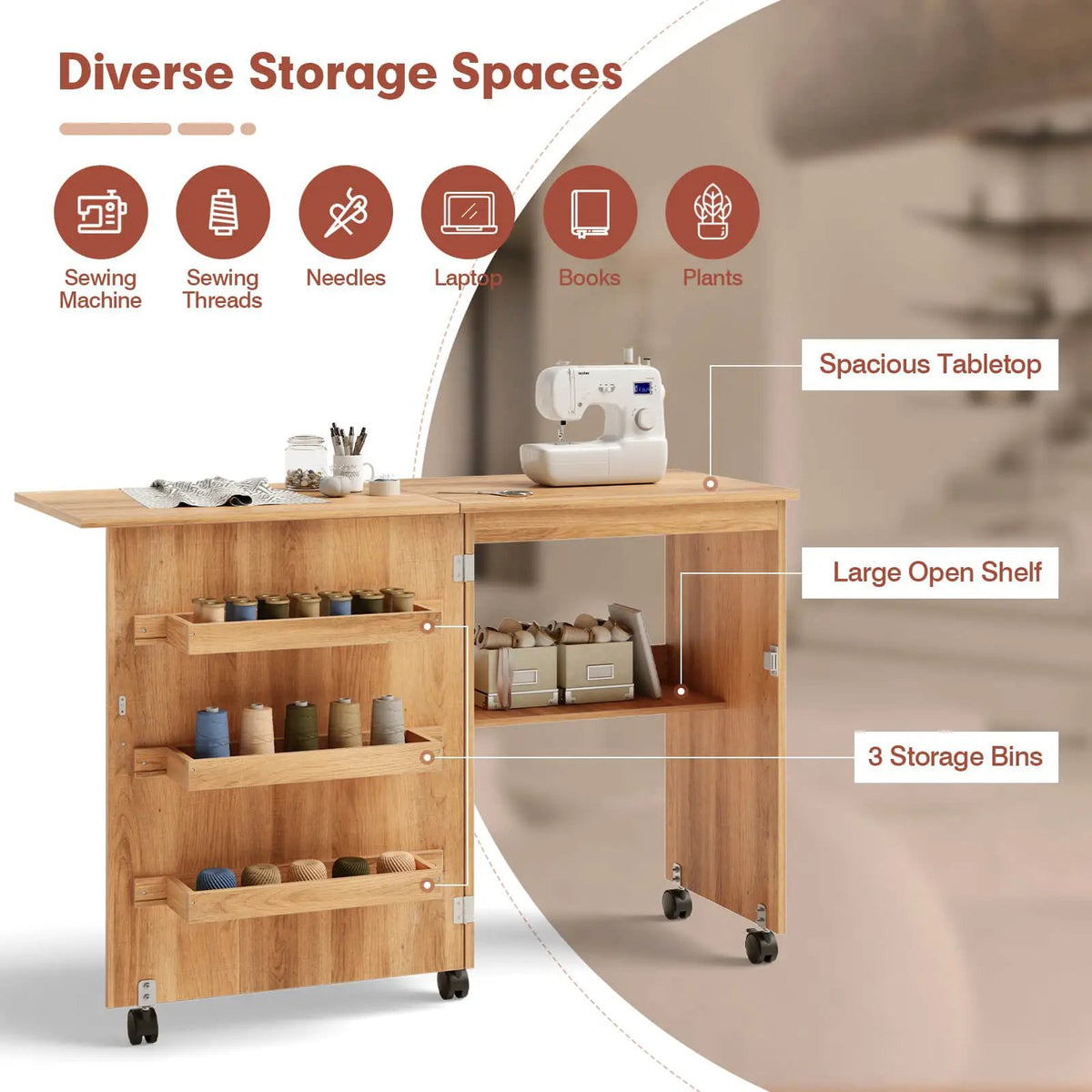 Folding Sewing Craft Table Shelf Storage Cabinet Home Furniture, photo 21 of 24