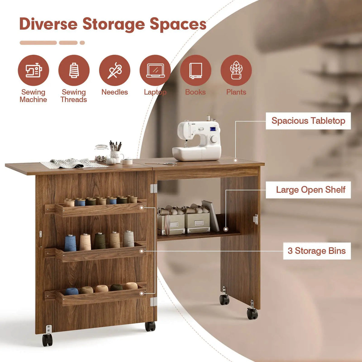 Folding Sewing Craft Table Shelf Storage Cabinet Home Furniture, photo 19 of 24