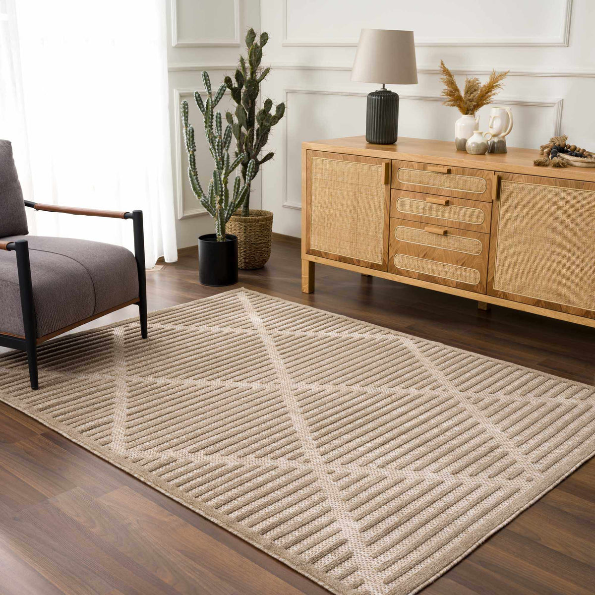 Anah Tan Outdoor Rug - Clearance, installed in a room 6