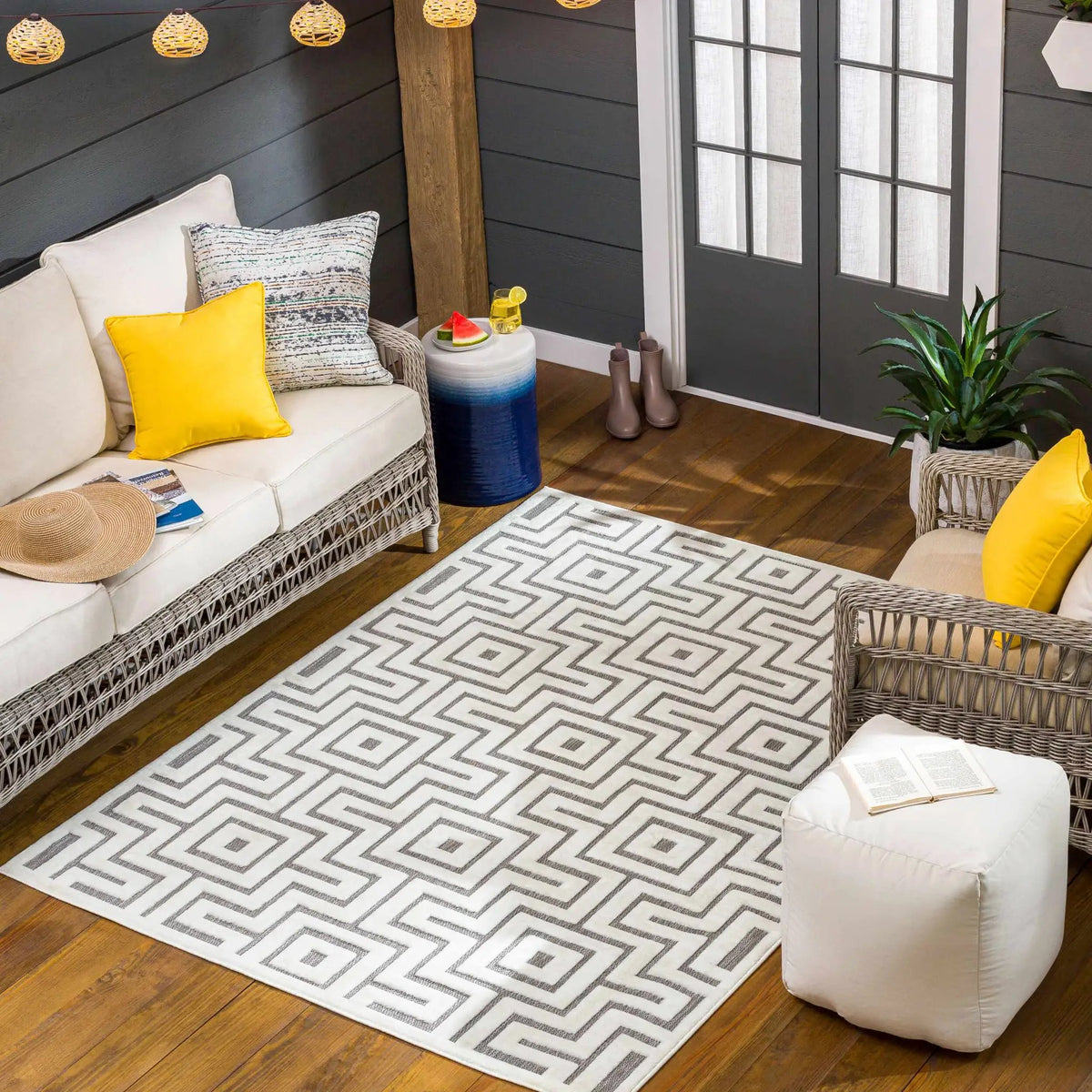 Zevi Beige Outdoor Rug - Clearance, installed in a room
