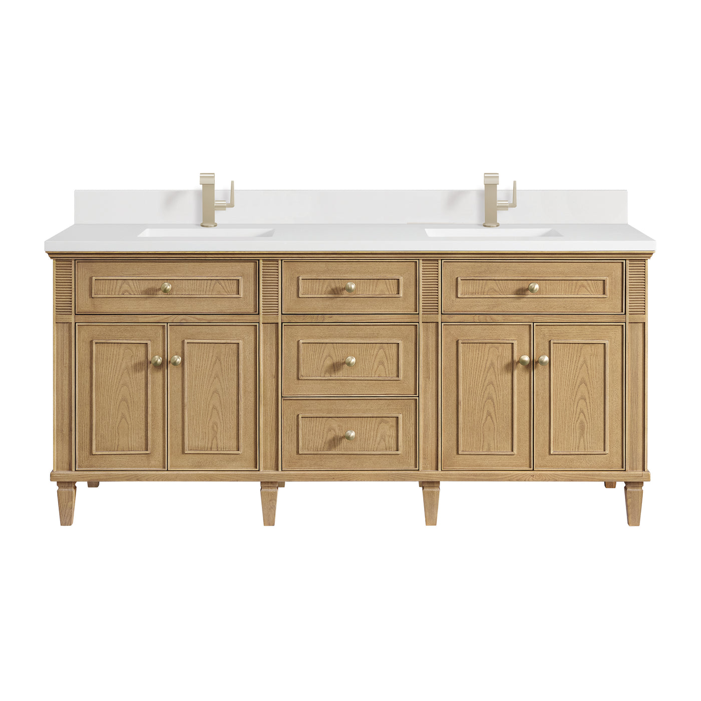 James Martin Lorelai 72" Double Bathroom Vanity, Light Natural Oak with White Zeus (Single Hole, with Backsplash) countertop