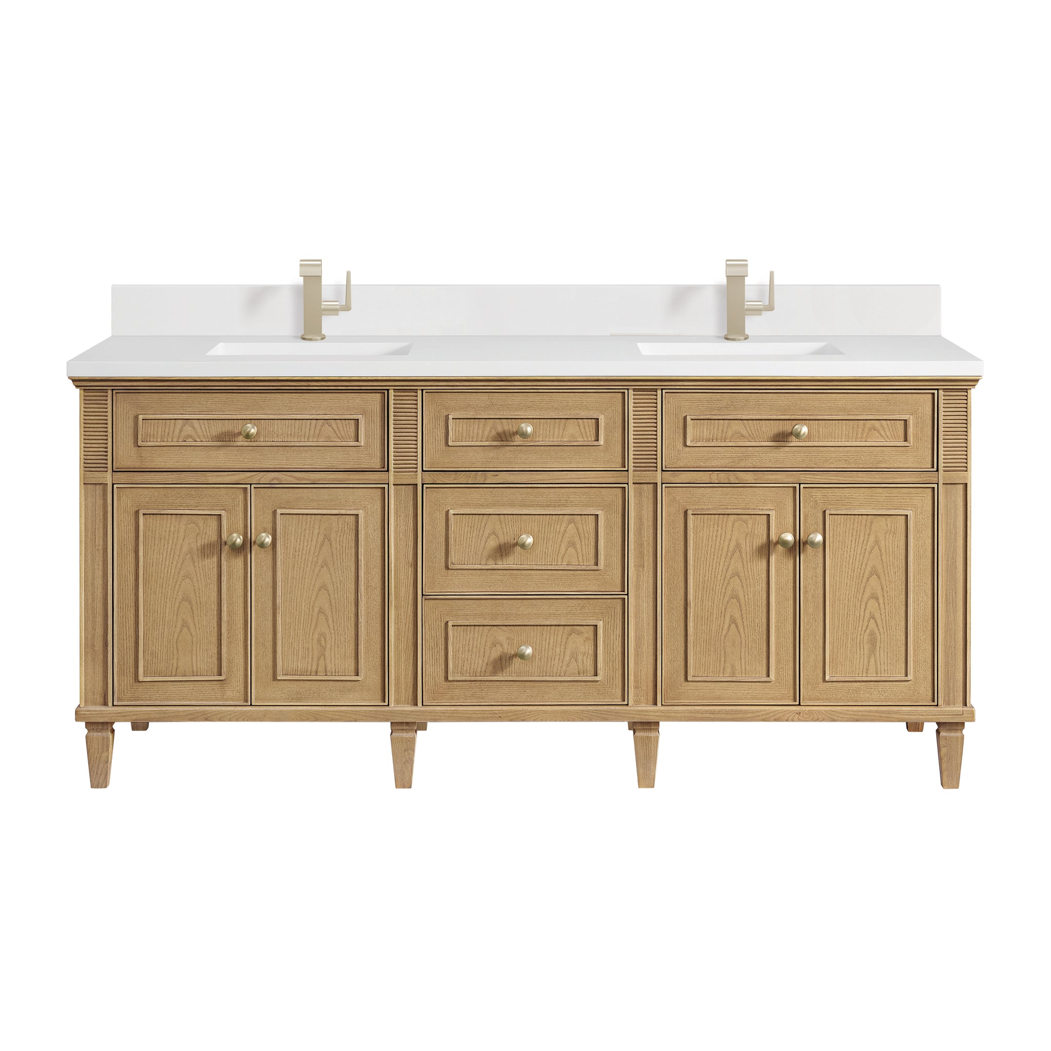 James Martin Lorelai 72" Double Bathroom Vanity, Light Natural Oak with White Zeus (Single Hole, with Backsplash) countertop