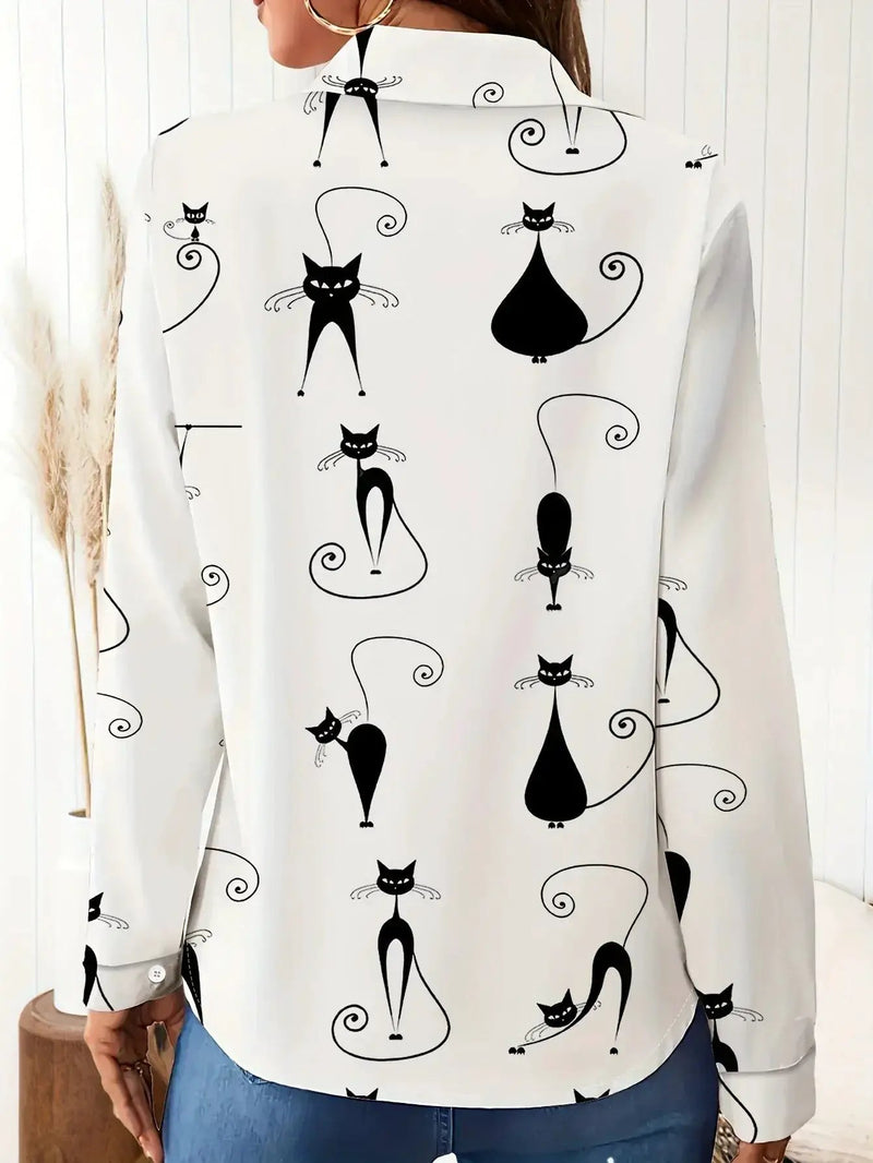 Shirt - Cat Print Cotton Long-Sleeve by House Of Avana