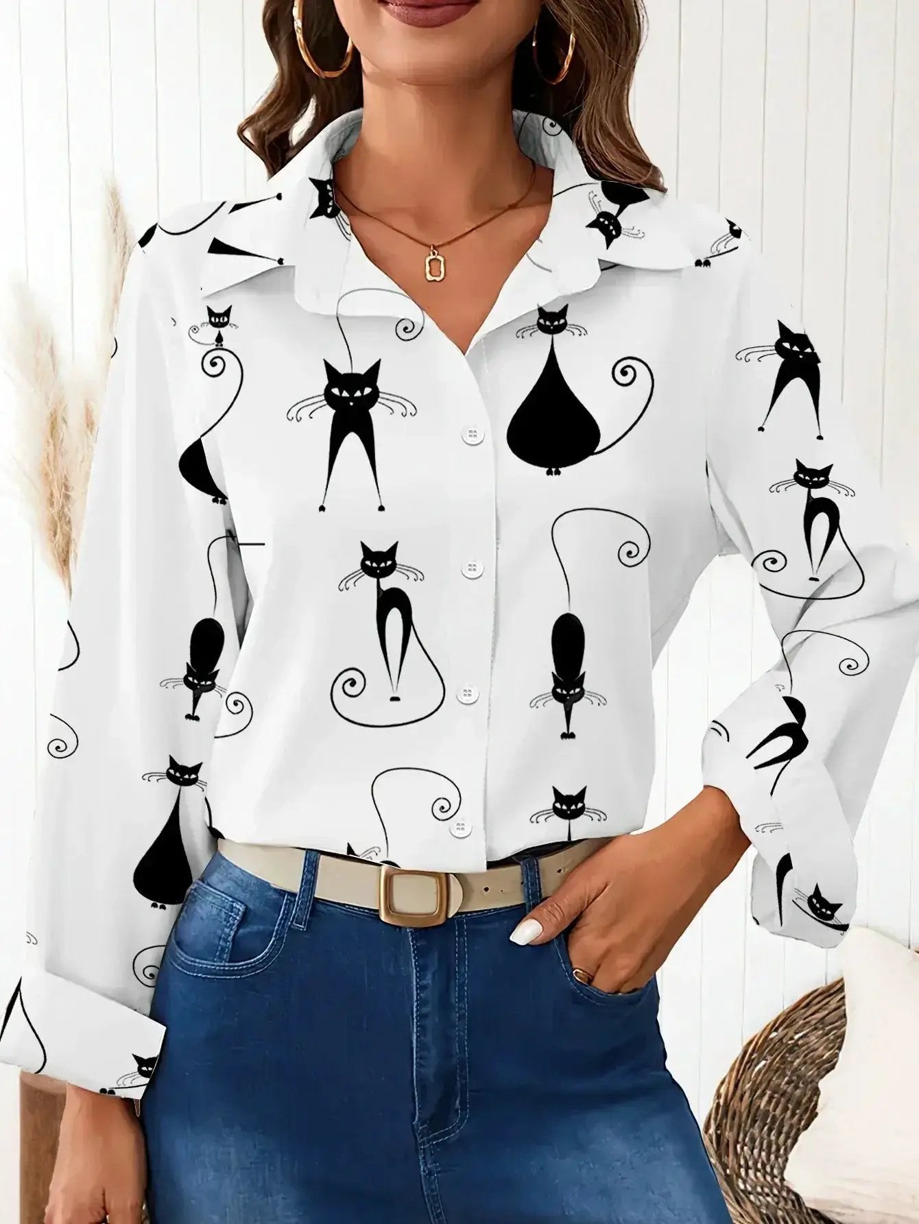 Shirt - Cat Print Cotton Long-Sleeve by House Of Avana