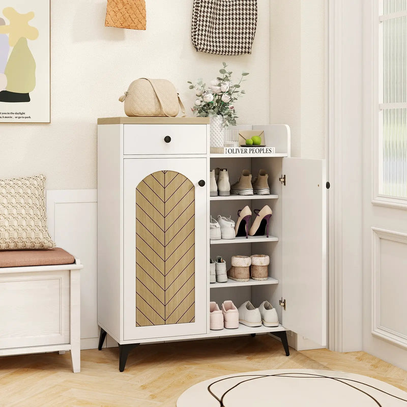 2-Door Shoe Rack Organizer with Drawer and 6 Removable Shelves-White by DirectDeals