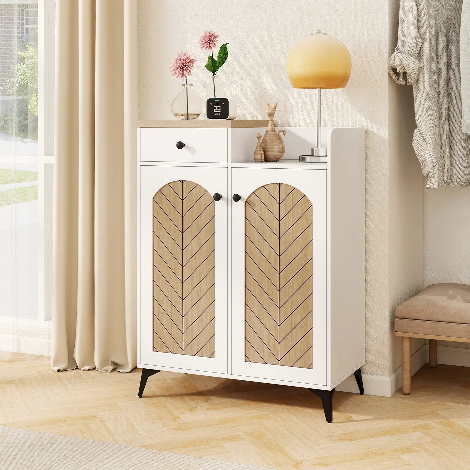 2-Door Shoe Rack Organizer with Drawer and 6 Removable Shelves-White by DirectDeals