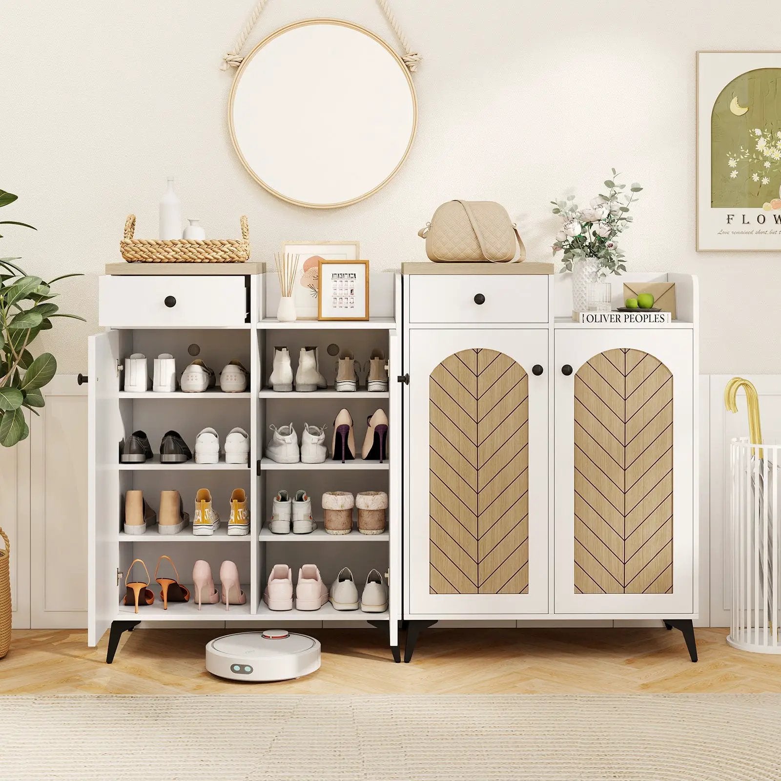2-Door Shoe Rack Organizer with Drawer and 6 Removable Shelves-White by DirectDeals