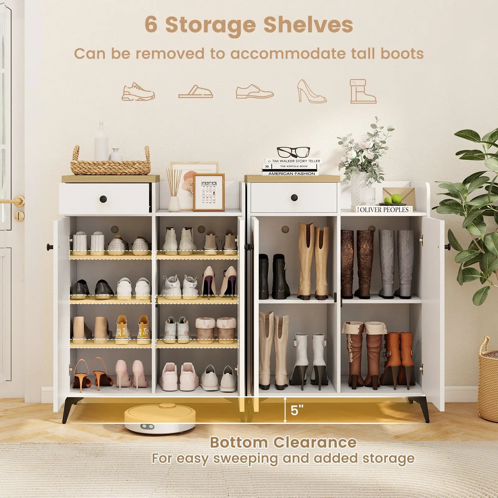 2-Door Shoe Rack Organizer with Drawer and 6 Removable Shelves-White by DirectDeals