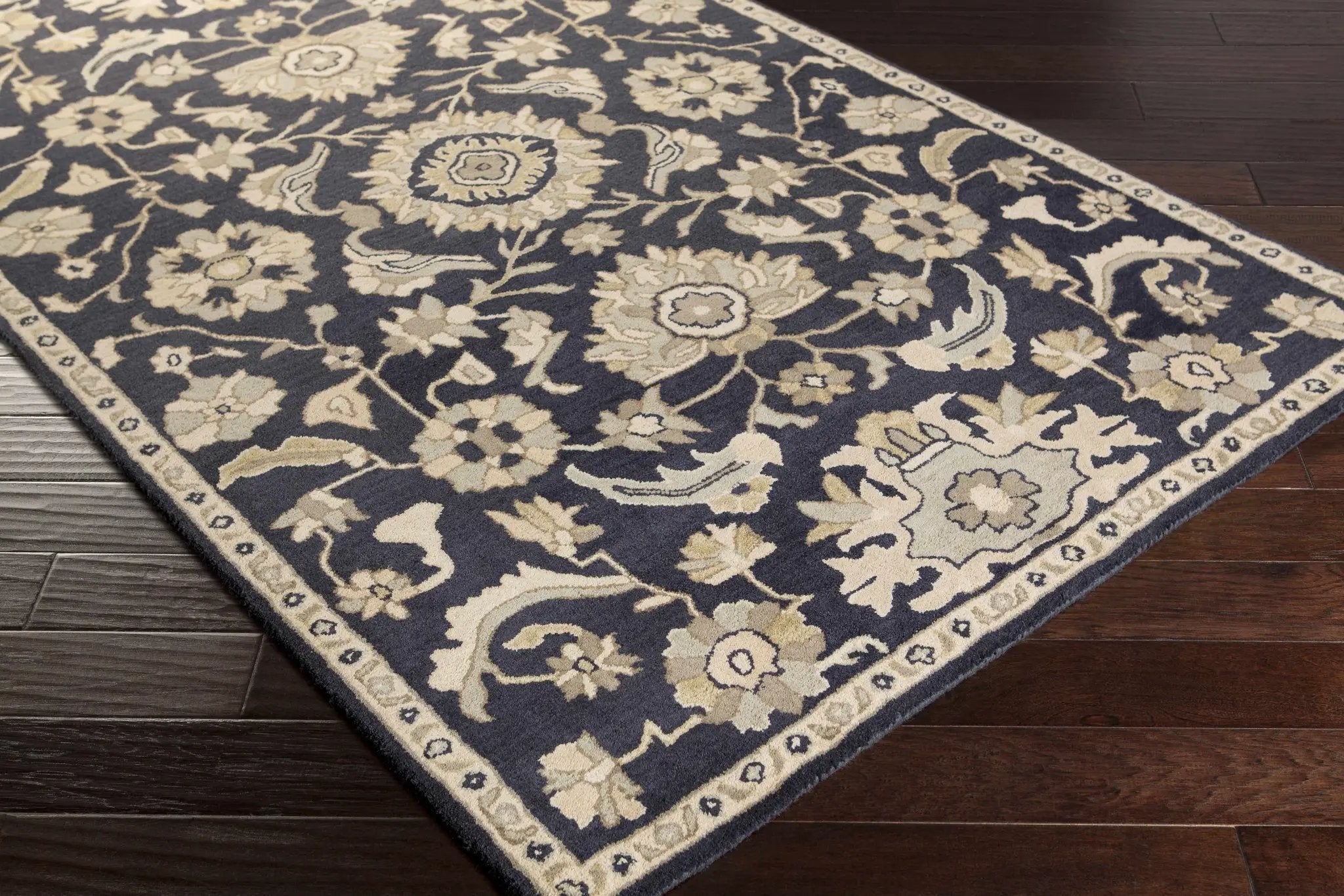 Caesar CAE-1164 Black Floral Wool Rug by Boutique Rugs