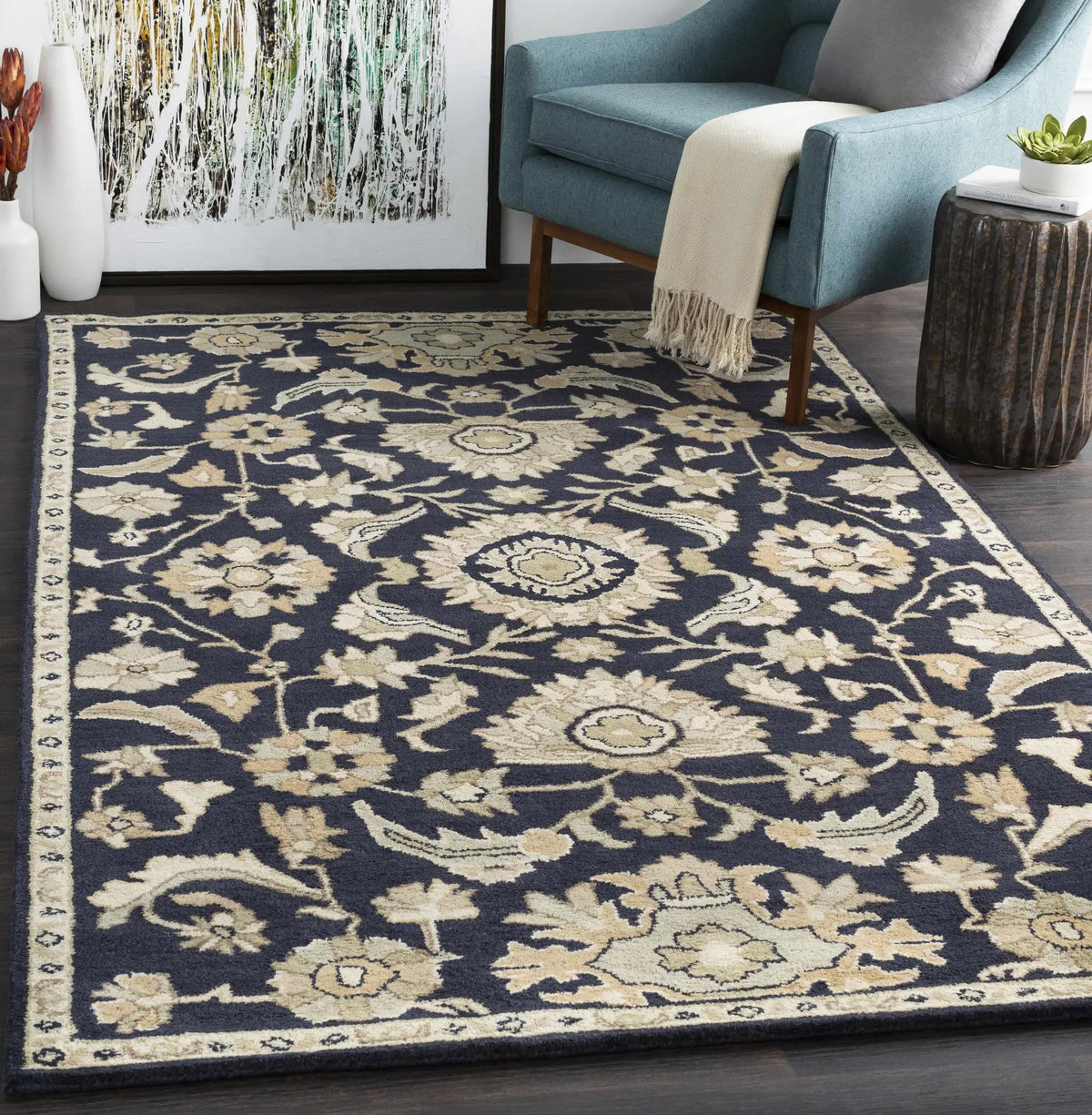 Caesar CAE-1164 Black Floral Wool Rug, installed in a room