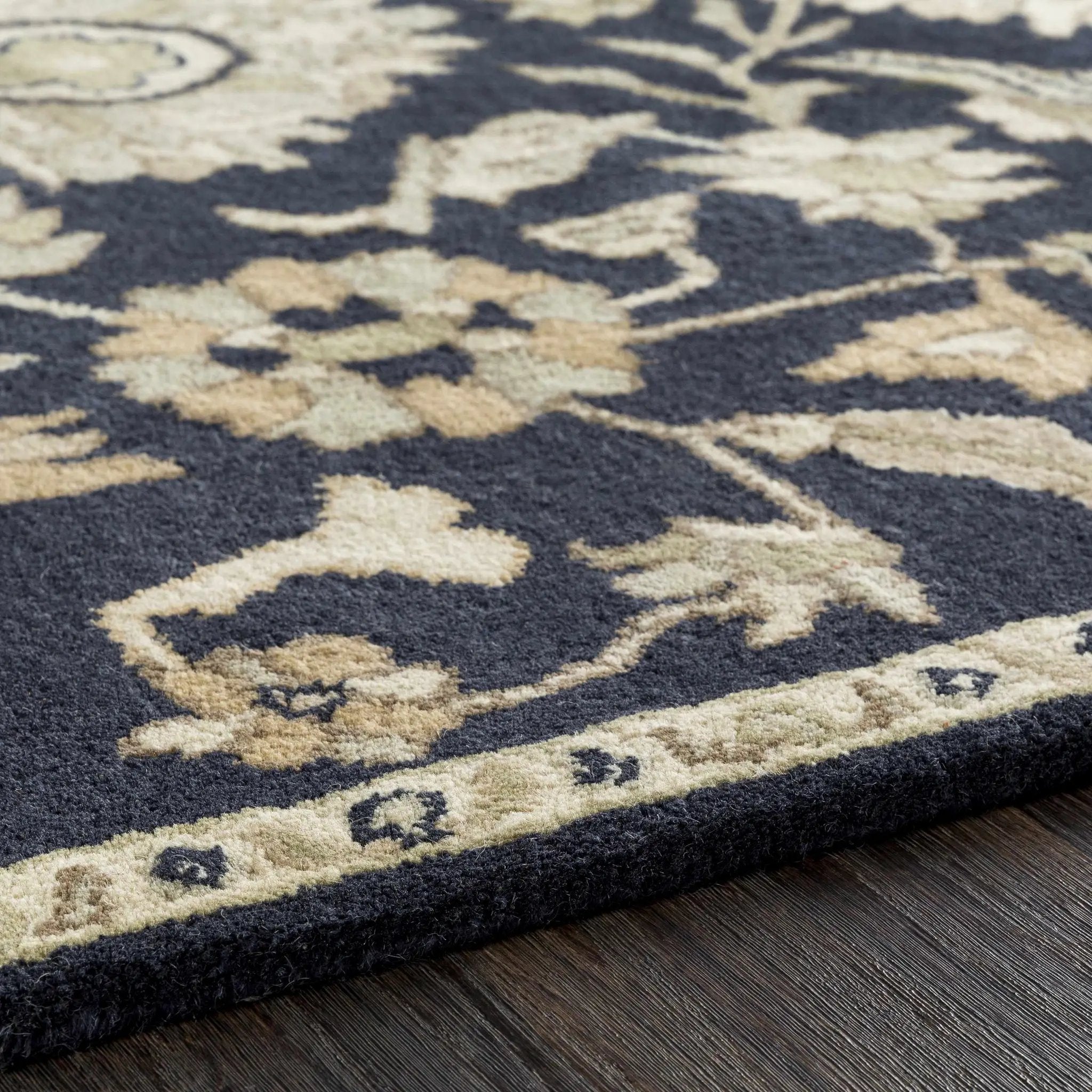 Caesar CAE-1164 Black Floral Wool Rug by Boutique Rugs