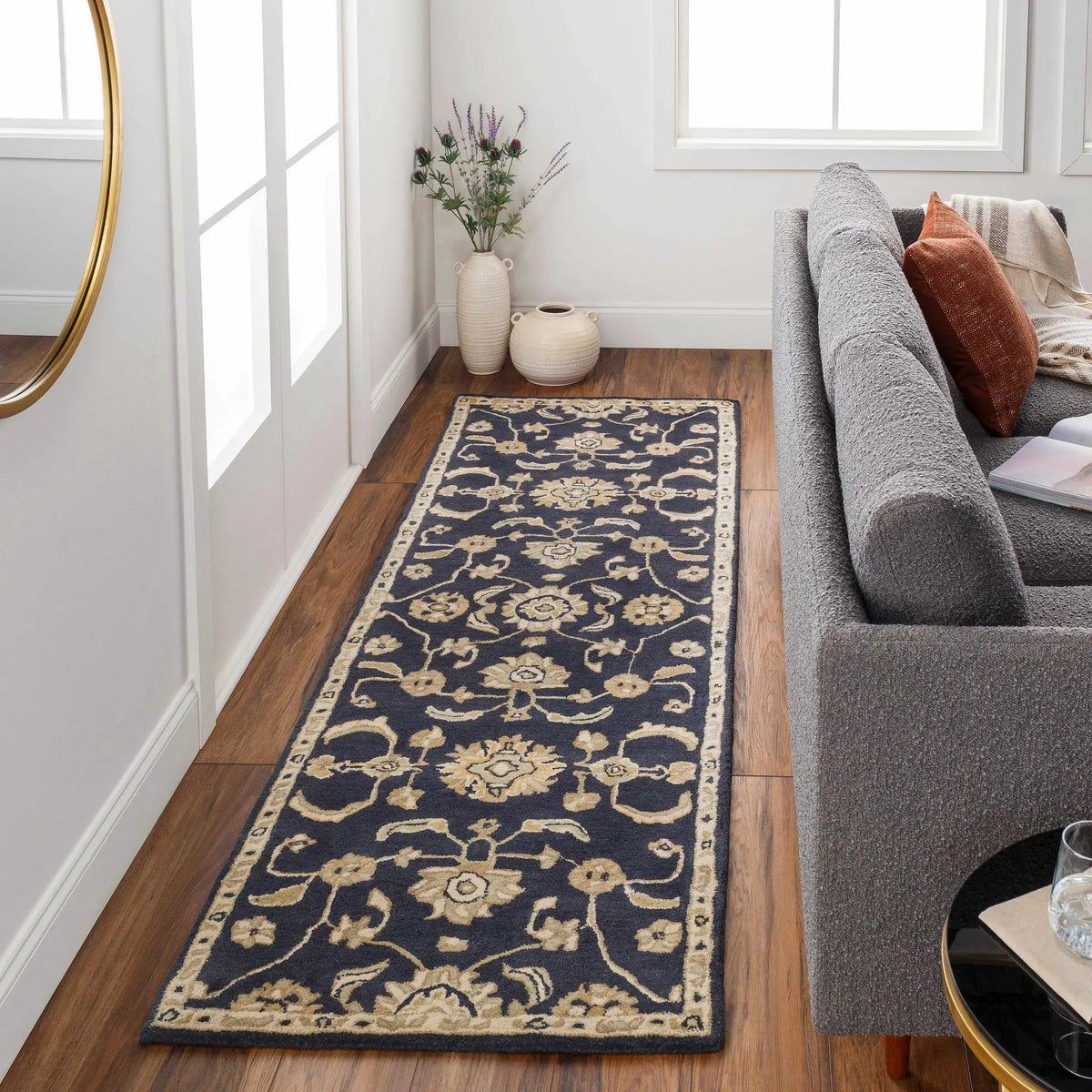 Caesar CAE-1164 Black Floral Wool Rug, installed in a room 2