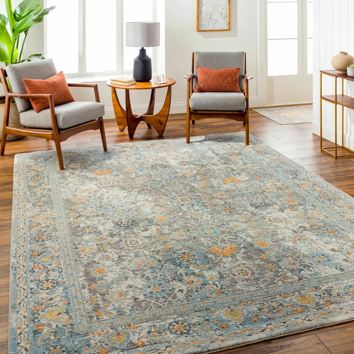 Finn Silver Blue Area Rug - Clearance, installed in a room