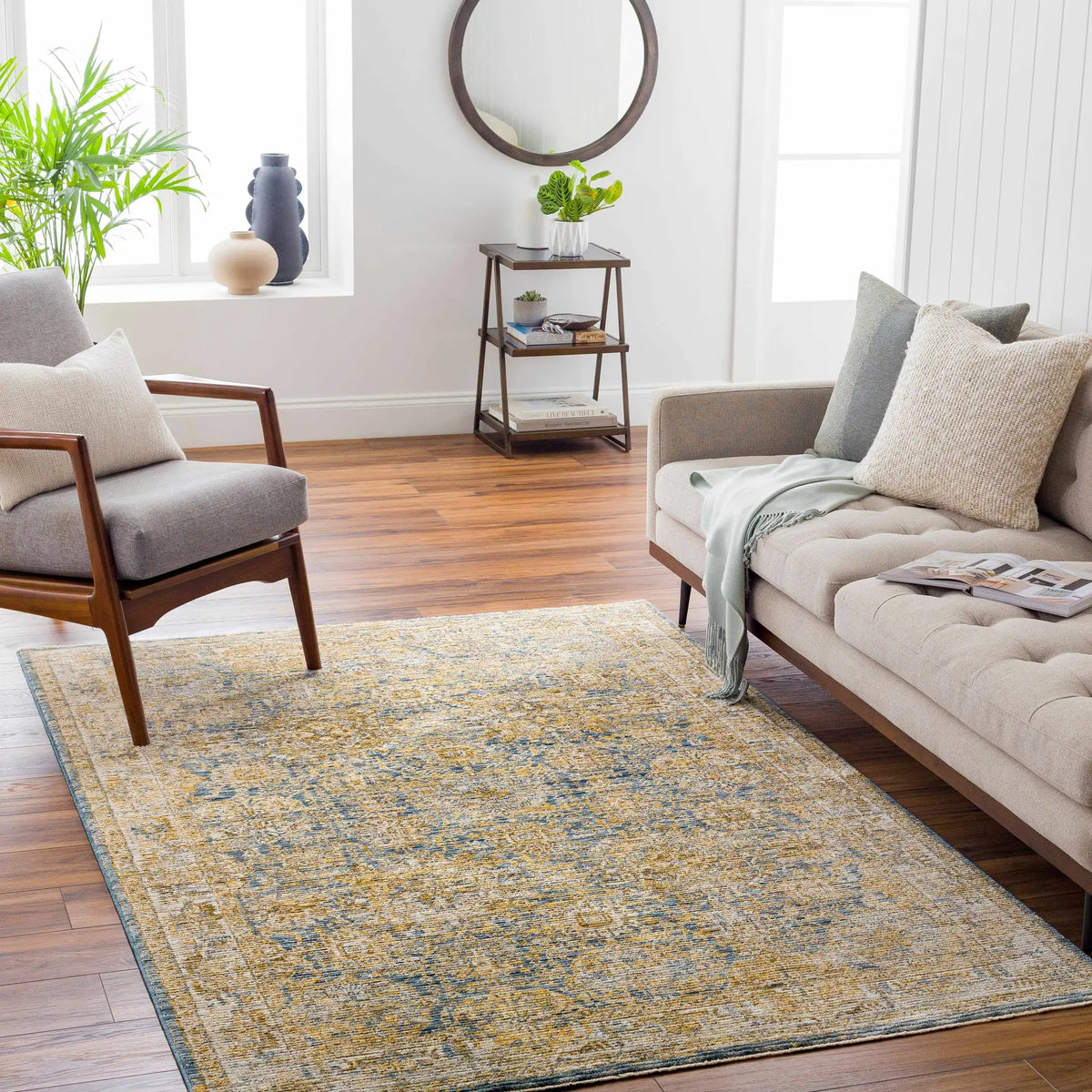 Ange Cream & Blue Rich Textured Rug, installed in a room