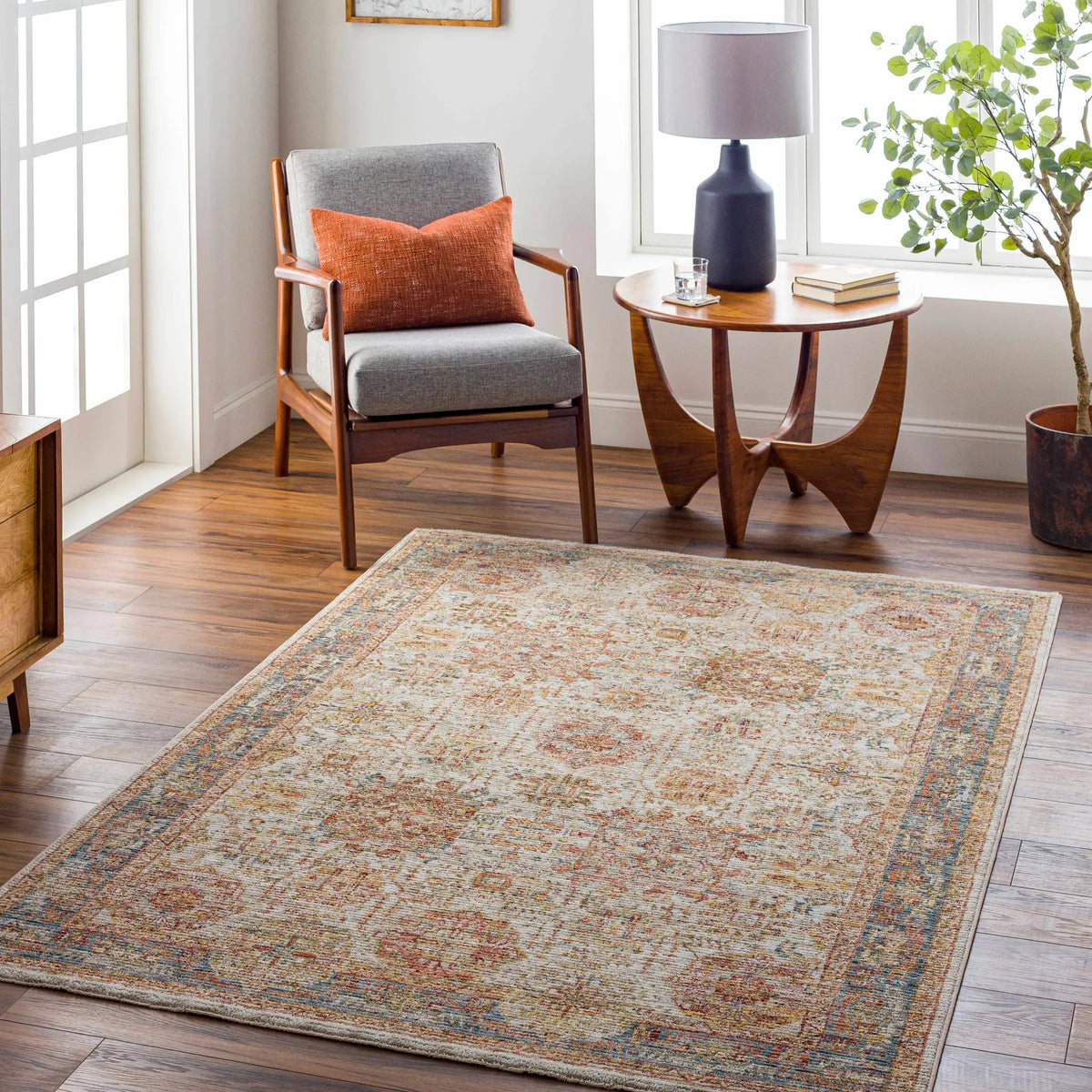Ange Tan & Blue Rich Textured Traditional Rug, installed in a room