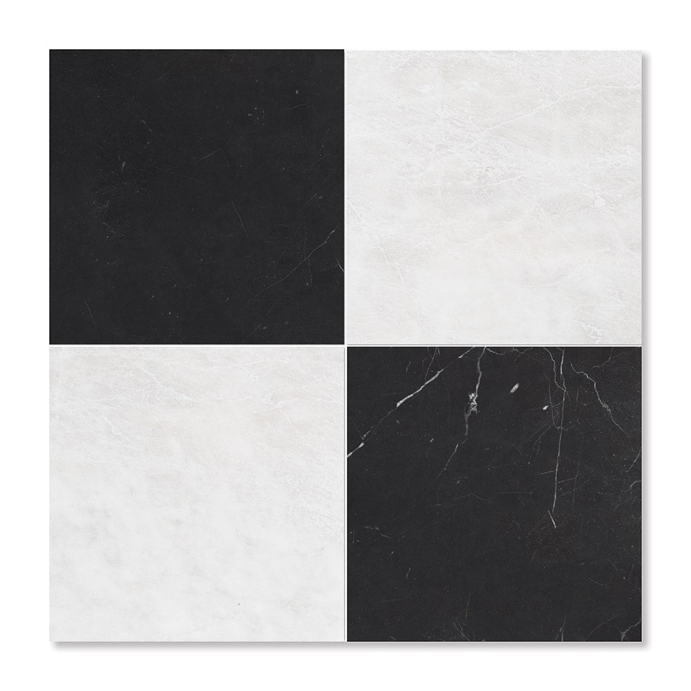 Black, Siberian White Honed Checkerboard Pattern Marble Tiles 12x12 Marble Honed 12x12 Tiles
