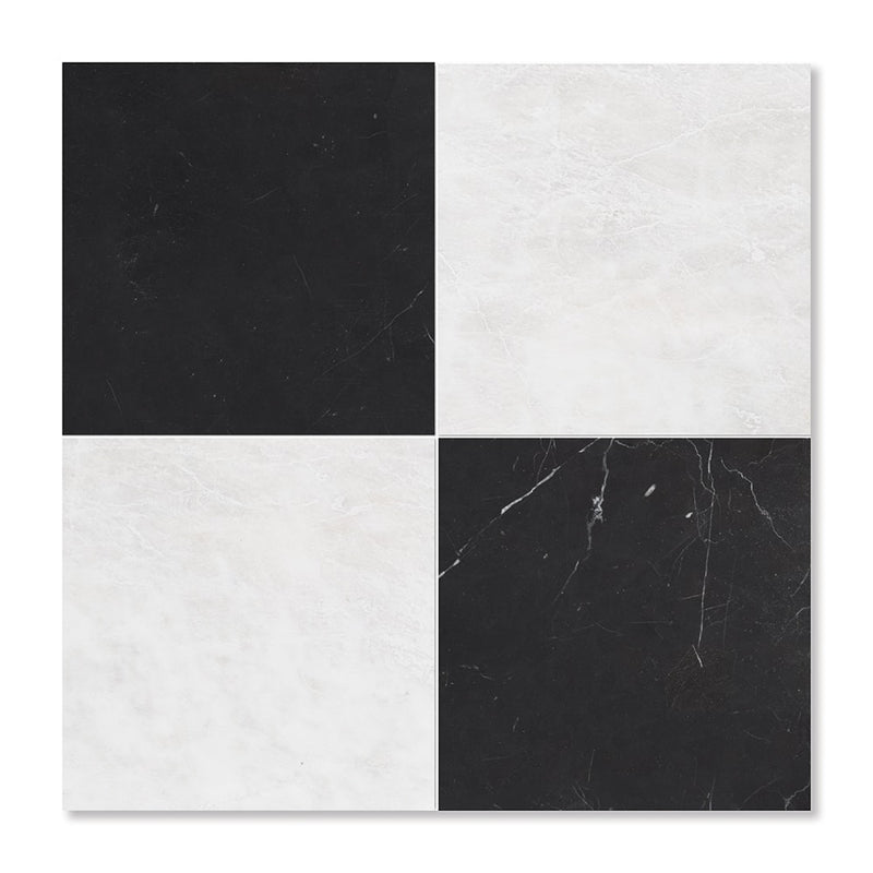 Black, Siberian White Honed Checkerboard Pattern Marble Tiles 12x12 Marble Honed 12x12 Tiles