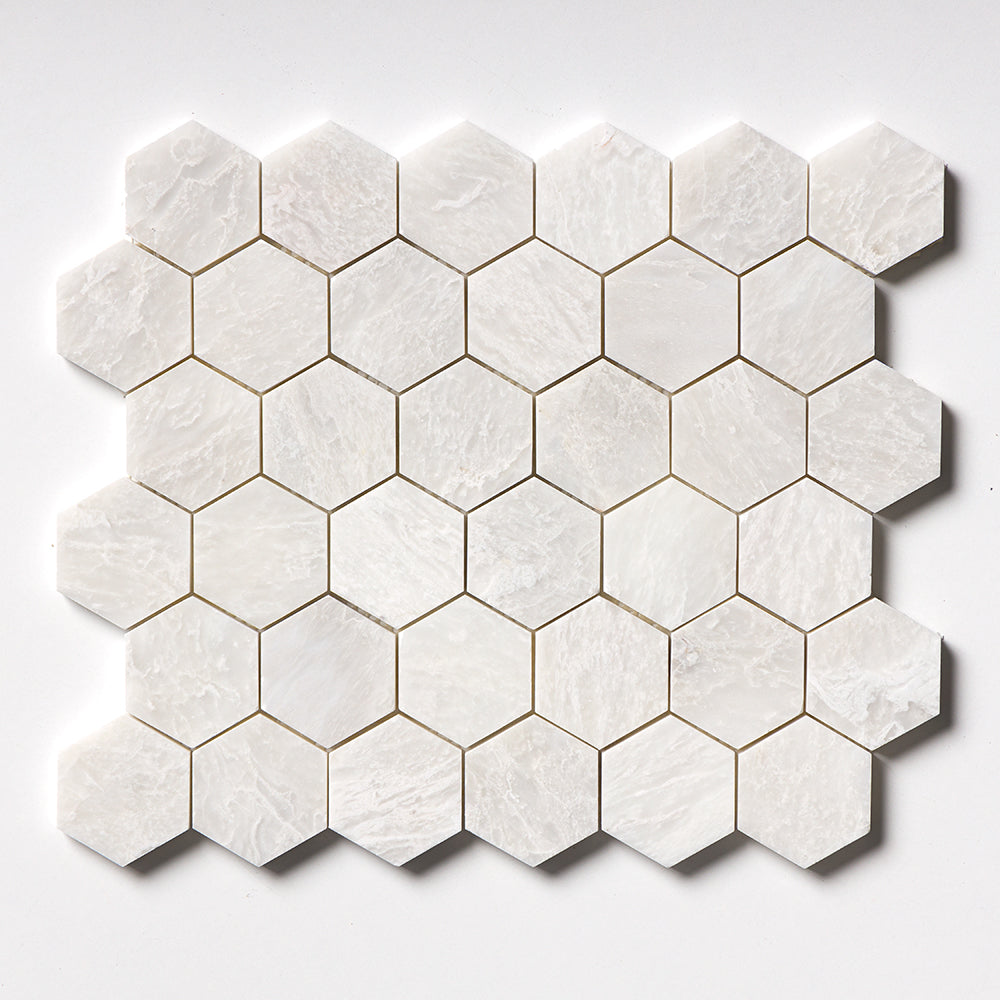 Siberian White Honed Hexagon 2x2 Marble Mosaics 10 3/8x12 Marble Honed 12x12 Mosaics