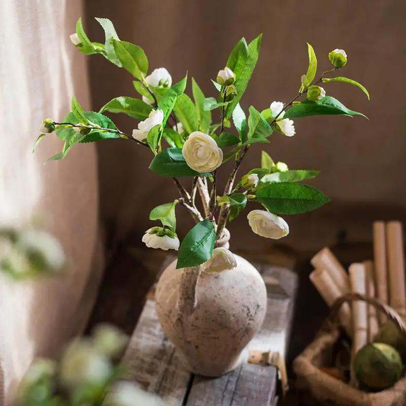 Faux Silk Camellia Flower Leaf Stem in Green or White by RusticReach