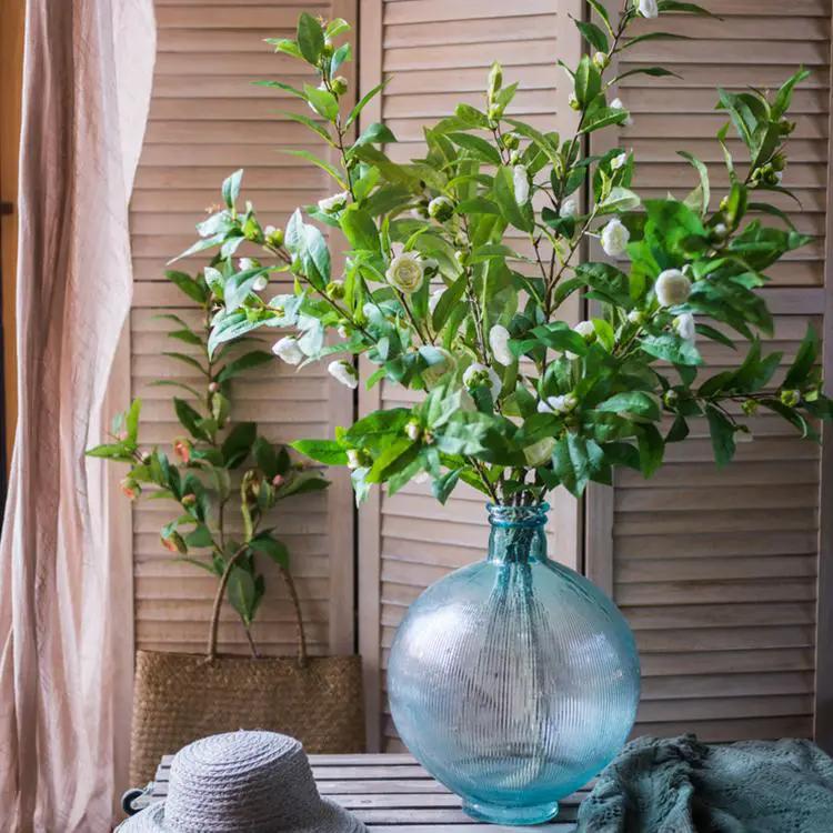 Faux Silk Camellia Flower Leaf Stem in Green or White by RusticReach