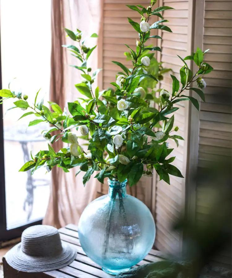 Faux Silk Camellia Flower Leaf Stem in Green or White by RusticReach