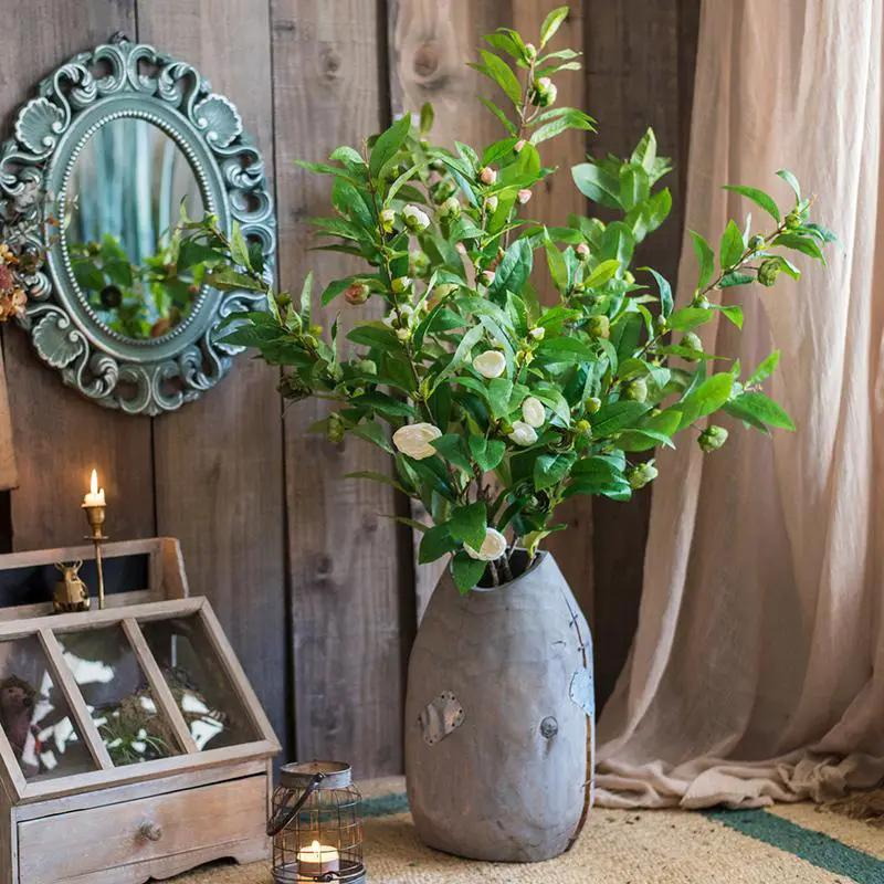 Faux Silk Camellia Flower Leaf Stem in Green or White by RusticReach