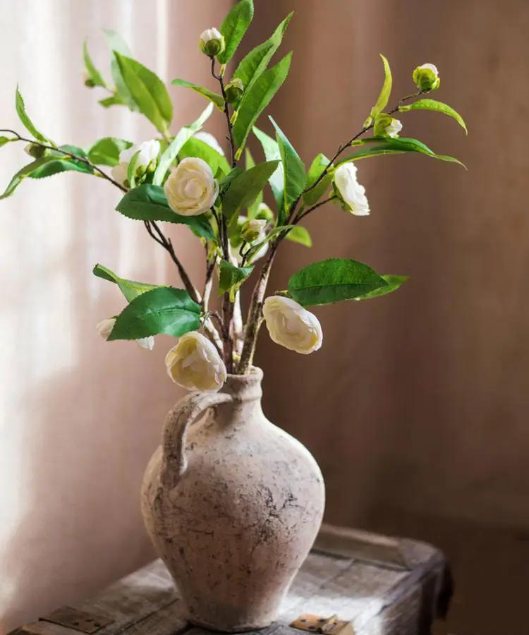 Faux Silk Camellia Flower Leaf Stem in Green or White by RusticReach