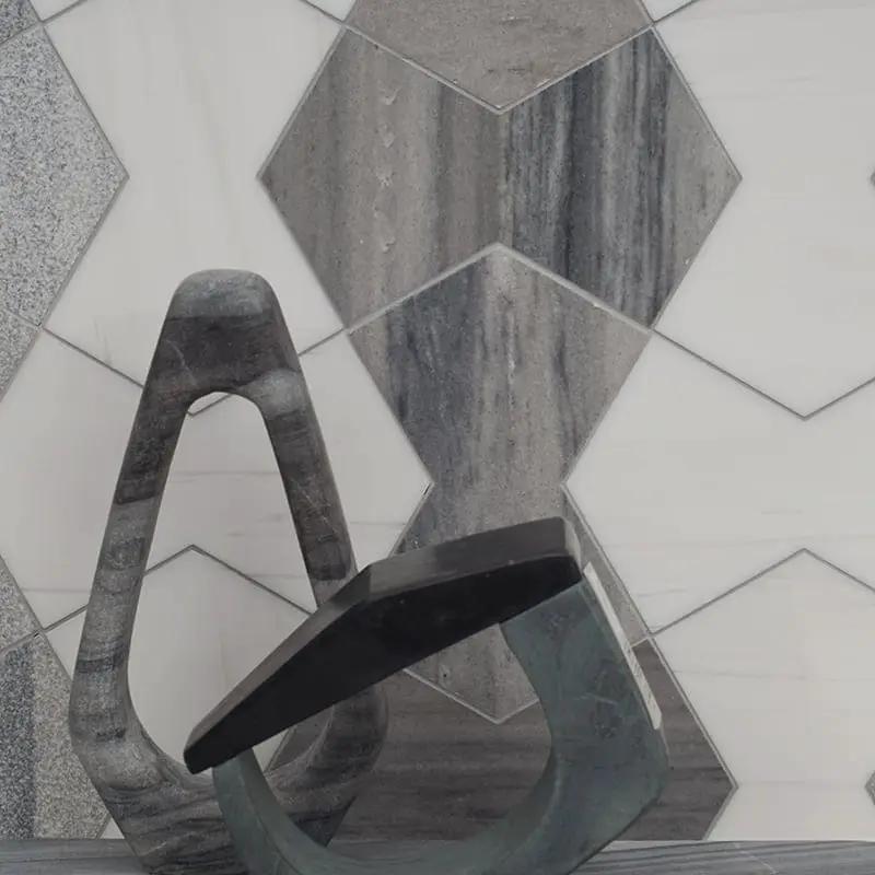 Silver Sky, Bianco Dolomite Multi Finish Cravat Marble Wall Decos 4 3/4x7 15/32 room scene 5