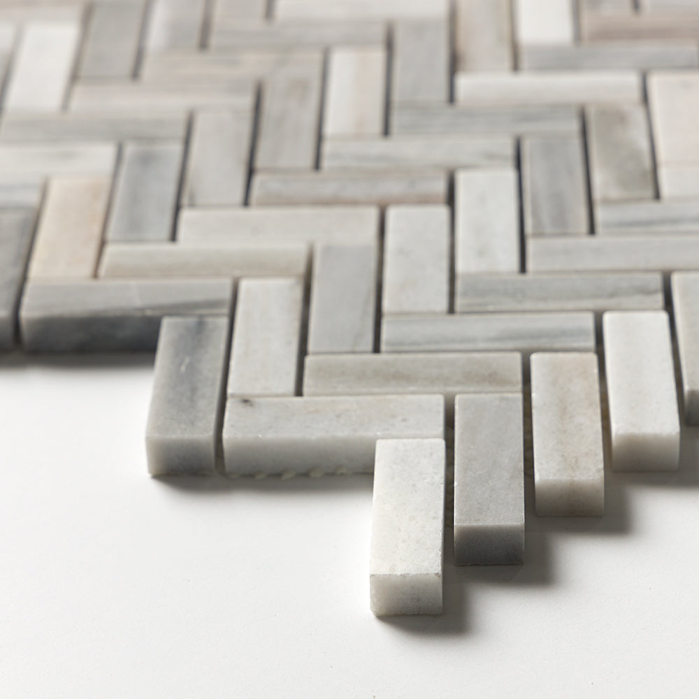 Silver Sky Honed Herringbone 5/8x2 Marble Mosaics 12 1/8x13 3/8 Marble Honed 12x12 Mosaics — 4