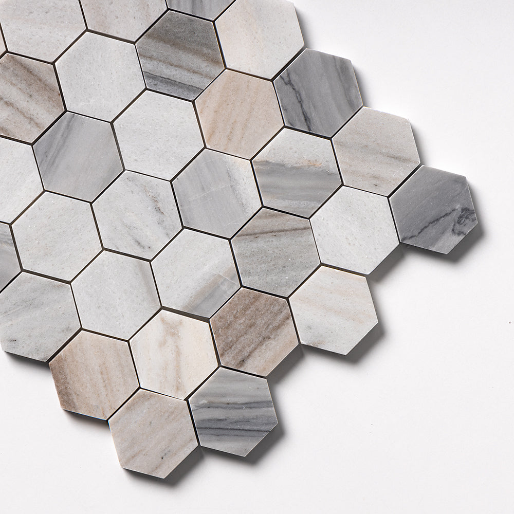 Silver Sky Honed Hexagon 2 Marble Mosaics 10 3/8x12 Marble Honed 12x12 Mosaics — 3