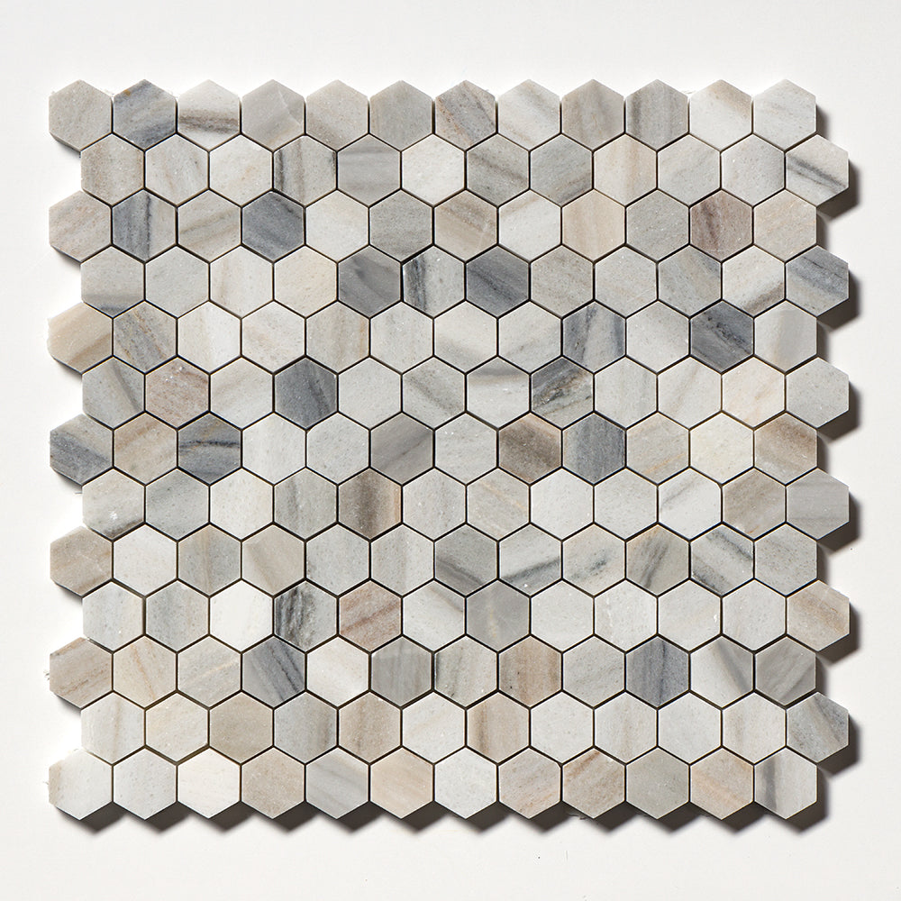 Silver Sky Honed Hexagon 1x1 Marble Mosaics 11 1/2x12 1/4 Marble Honed 12x12 Mosaics