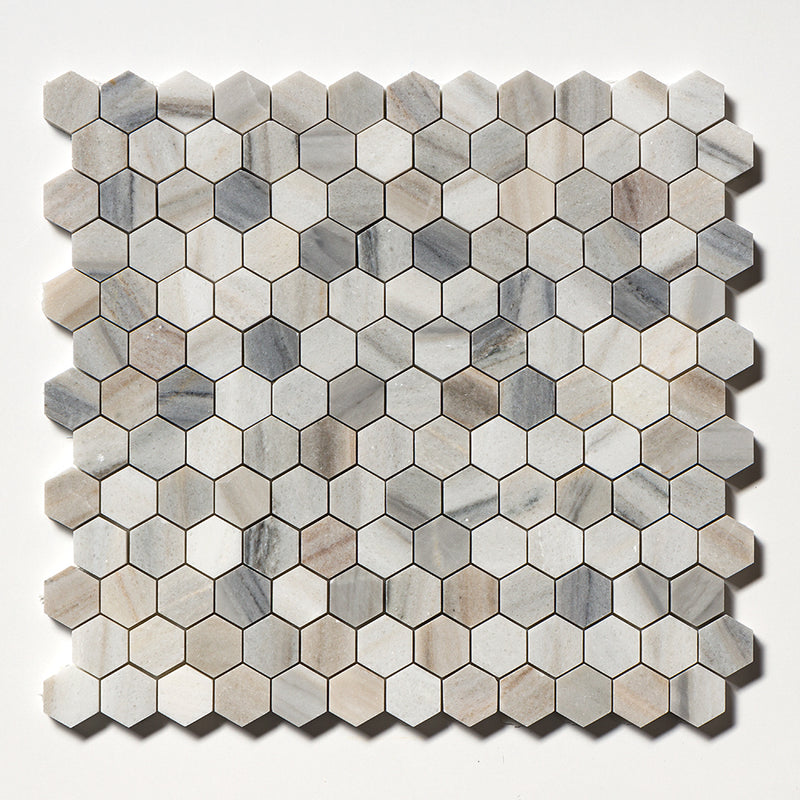 Silver Sky Honed Hexagon 1x1 Marble Mosaics 11 1/2x12 1/4 Marble Honed 12x12 Mosaics