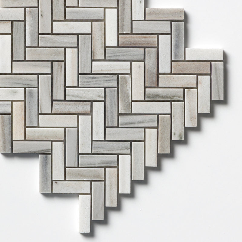 Silver Sky Polished Herringbone 5/8x2 Marble Mosaics 12 1/8x13 3/8 Marble Polished 12x12 Mosaics — 3