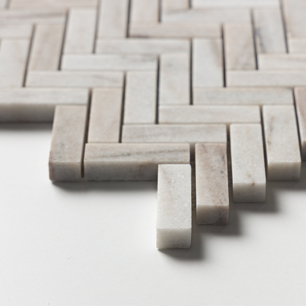 Silver Sky Polished Herringbone 5/8x2 Marble Mosaics 12 1/8x13 3/8 Marble Polished 12x12 Mosaics — 4